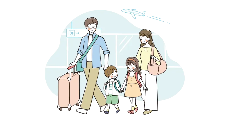 男の子のレノックス・ガストー症候群患者さんの家族が飛行機で旅行に行く様子のイラスト。