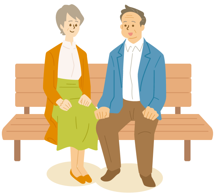 公園のベンチで夫婦が話をしているイラスト。CLL/SLLの診断ページへのリンク