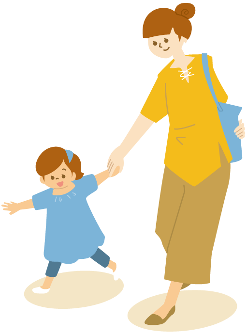 小さな女の子と手をつなぎ歩いている女性のイラスト。Q&Aページへのリンク