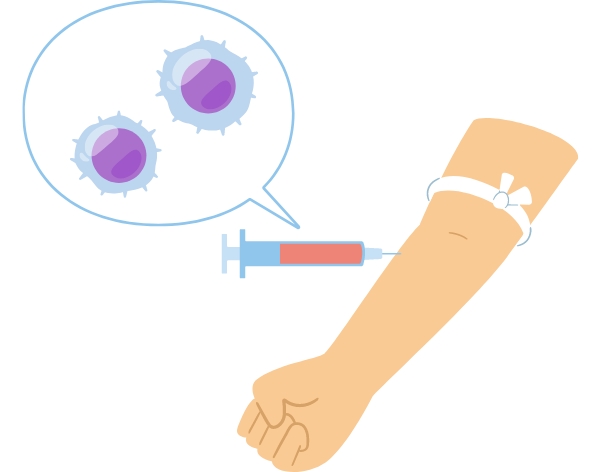 採血をし、血液中にリンパ球が増えているイラスト