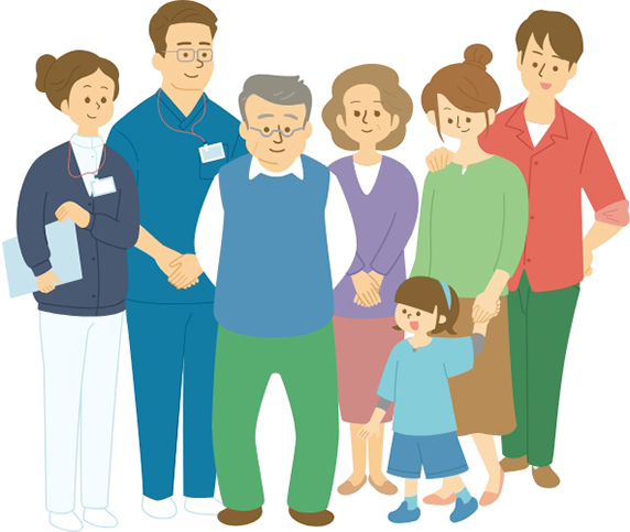 男性患者さんと家族、医療スタッフが並んでいるイラスト