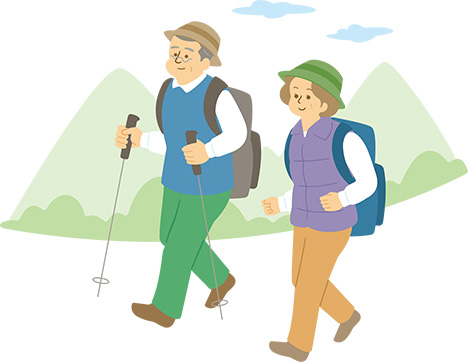 ハイキングをしている患者さん夫婦のイラスト