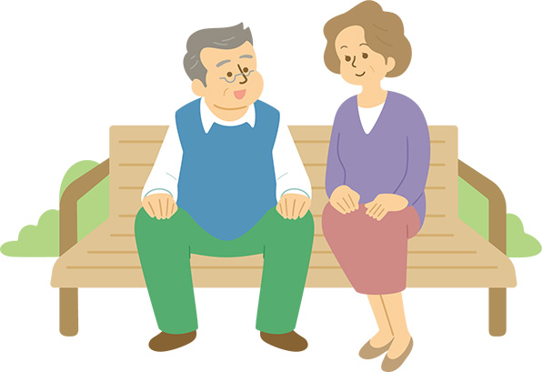 患者さん夫婦が公園のベンチに座っているイラスト
