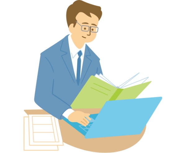 会社でパソコンを使って仕事をしている男性患者さんのイラスト