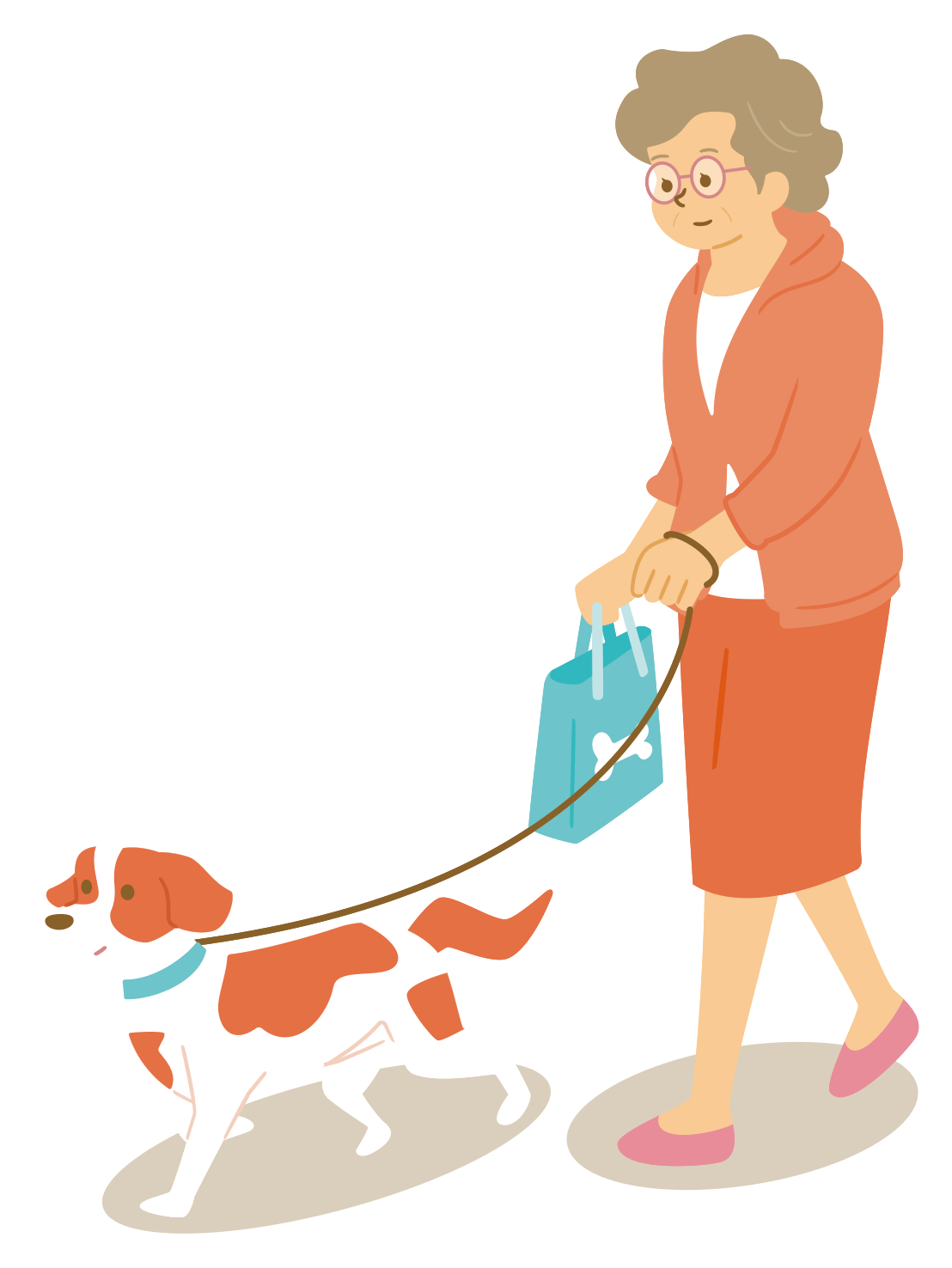 犬の散歩をしている女性のイラスト。MCLの治療ページへのリンク