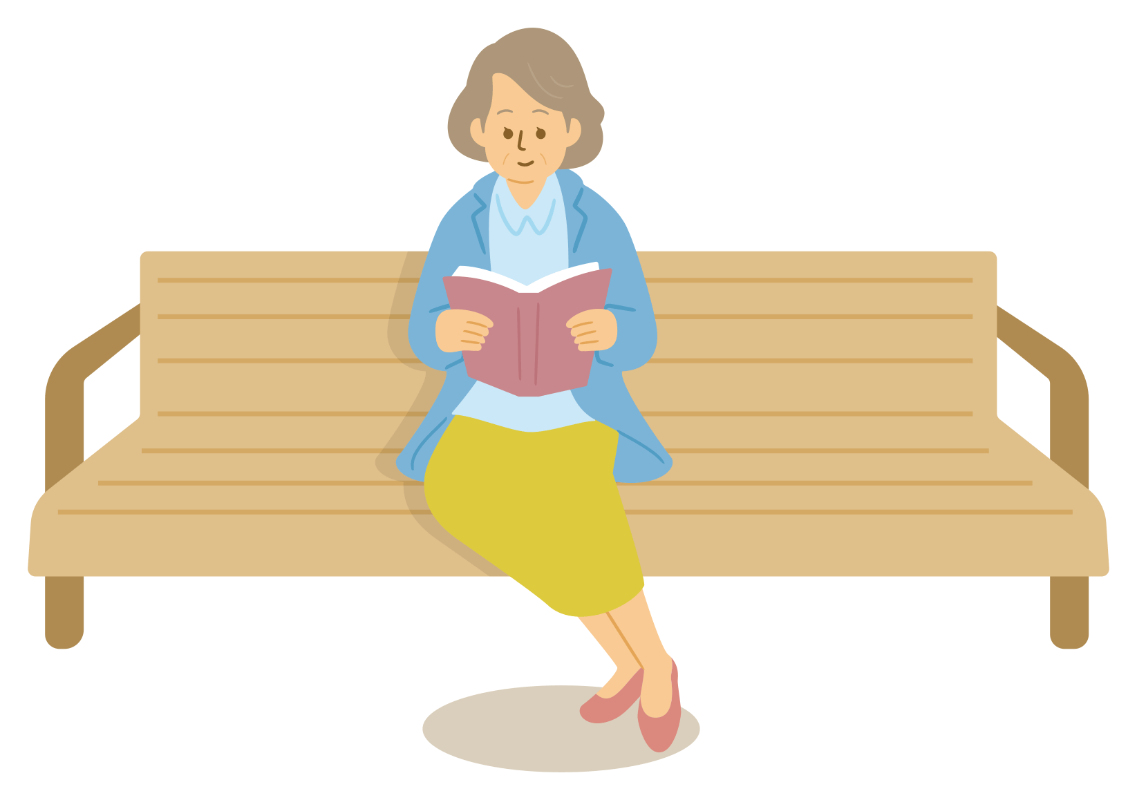 公園のベンチで本を読んでいる女性のイラスト。治療と生活ページへのリンク