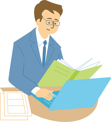 会社でパソコンを使って仕事をしている男性患者さんのイラスト